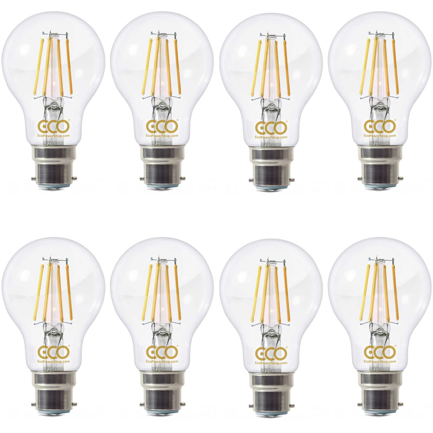 Eight ECO brand B22 filament-style LED light bulbs on a white background