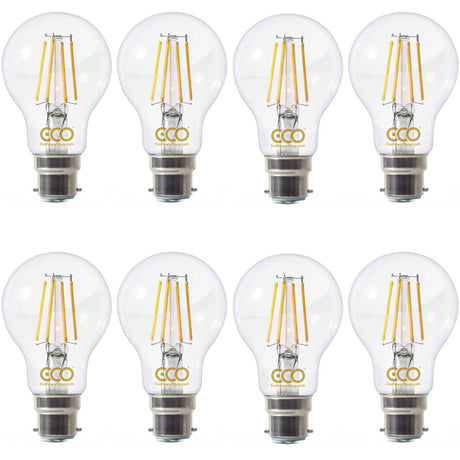 Eight ECO brand B22 filament-style LED light bulbs on a white background