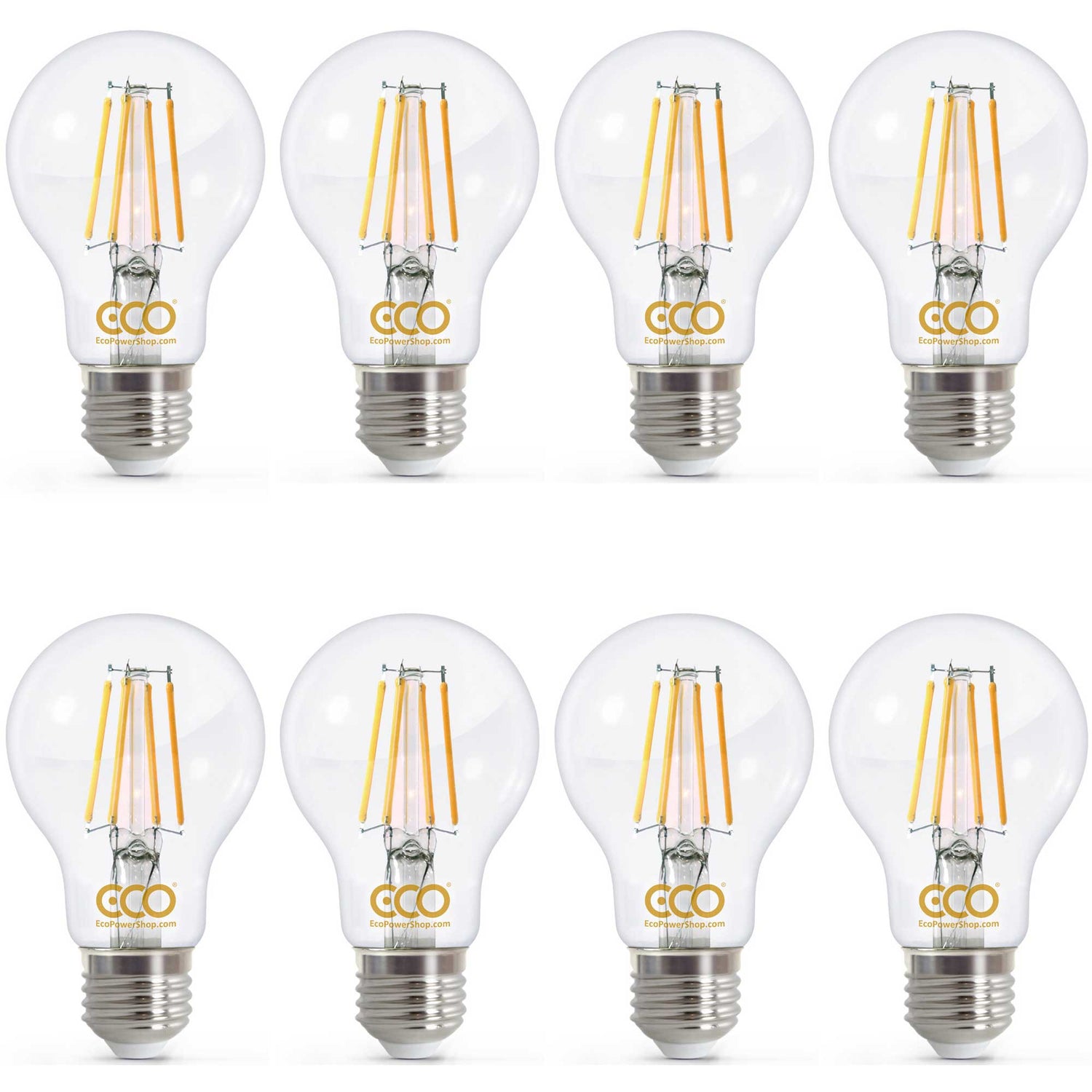 Set of eight ECO brand LED light bulbs on a white background