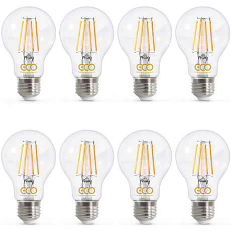 Set of eight ECO brand LED light bulbs on a white background