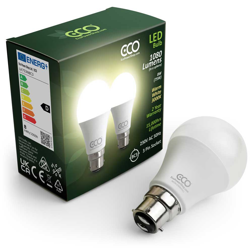 2 bulb box of BC3 3-pin ECO warm white LED bulbs