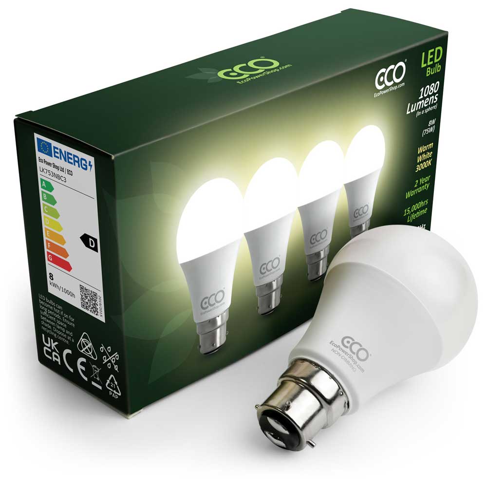 4 bulb box of BC3 3-pin ECO warm white LED bulbs