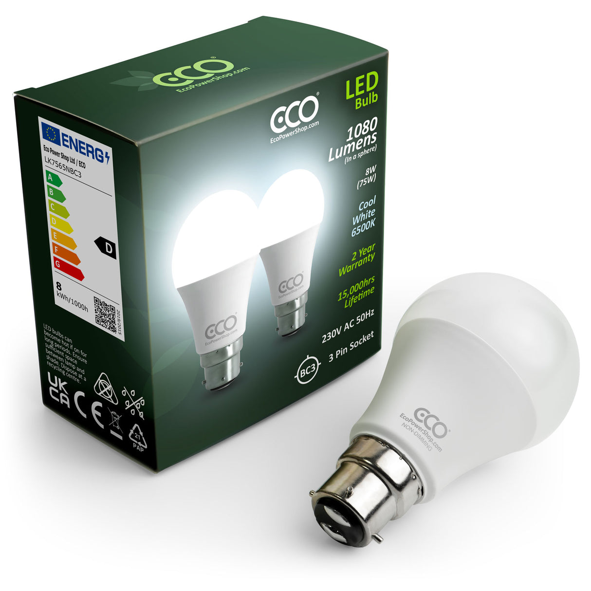 ECO 8W LED BC3 3 Pin Light Bulb 75W Eqv - Cool White