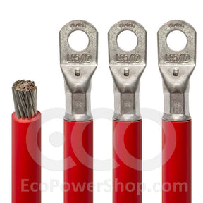Red battery cables with tinned copper terminal connectors on a white background, featuring the EcoPowerShop.com logo.