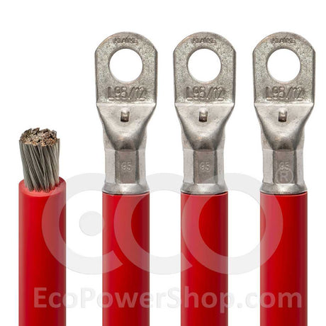 Red battery cables with tinned copper terminal connectors on a white background, featuring the EcoPowerShop.com logo.