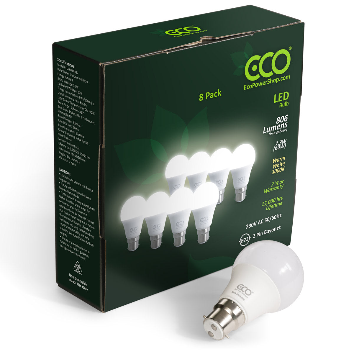 8-pack box of ECO warm white LED bulbs with bulb in front