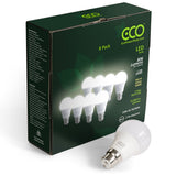 8-pack box of ECO warm white LED bulbs with bulb in front