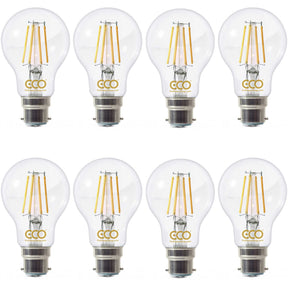 Eight ECO brand B22 filament-style LED light bulbs on a white background