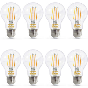 Set of eight ECO brand LED light bulbs on a white background