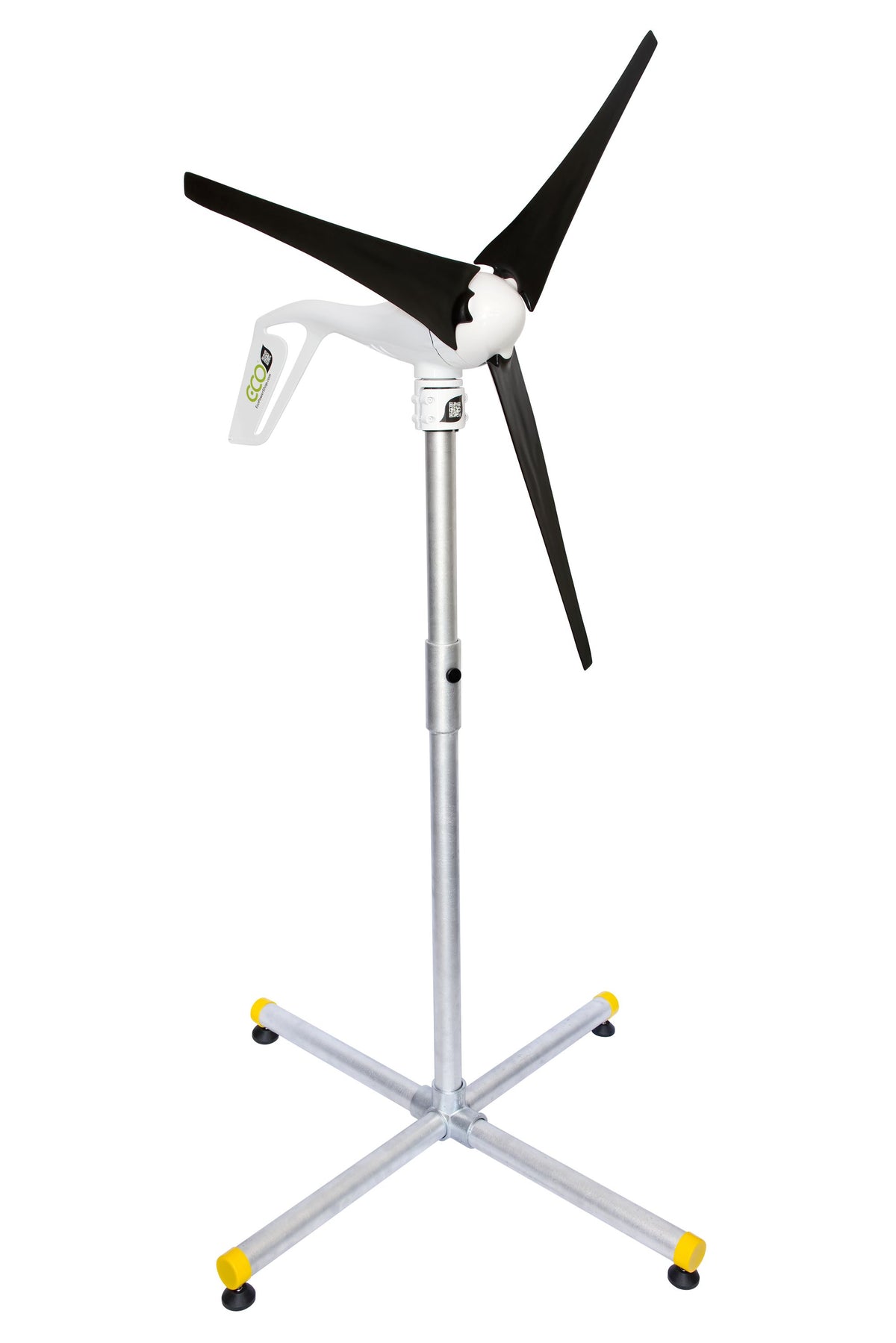 A portable wind turbine power bank on a silver metal stand with a four-star base, featuring black blades, a white body, and yellow accents on the stand's feet.