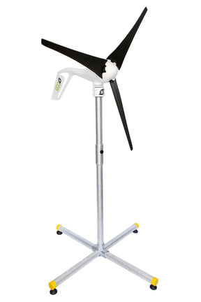 A portable wind turbine power bank on a silver metal stand with a four-star base, featuring black blades, a white body, and yellow accents on the stand's feet.