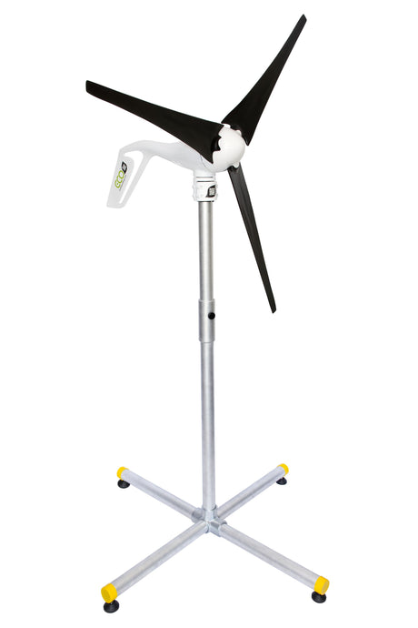 A portable wind turbine power bank on a silver metal stand with a four-star base, featuring black blades, a white body, and yellow accents on the stand's feet.