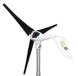A portable wind turbine power bank with a white handle, black blades, a silver pole, and a digital display screen, isolated on a white background.