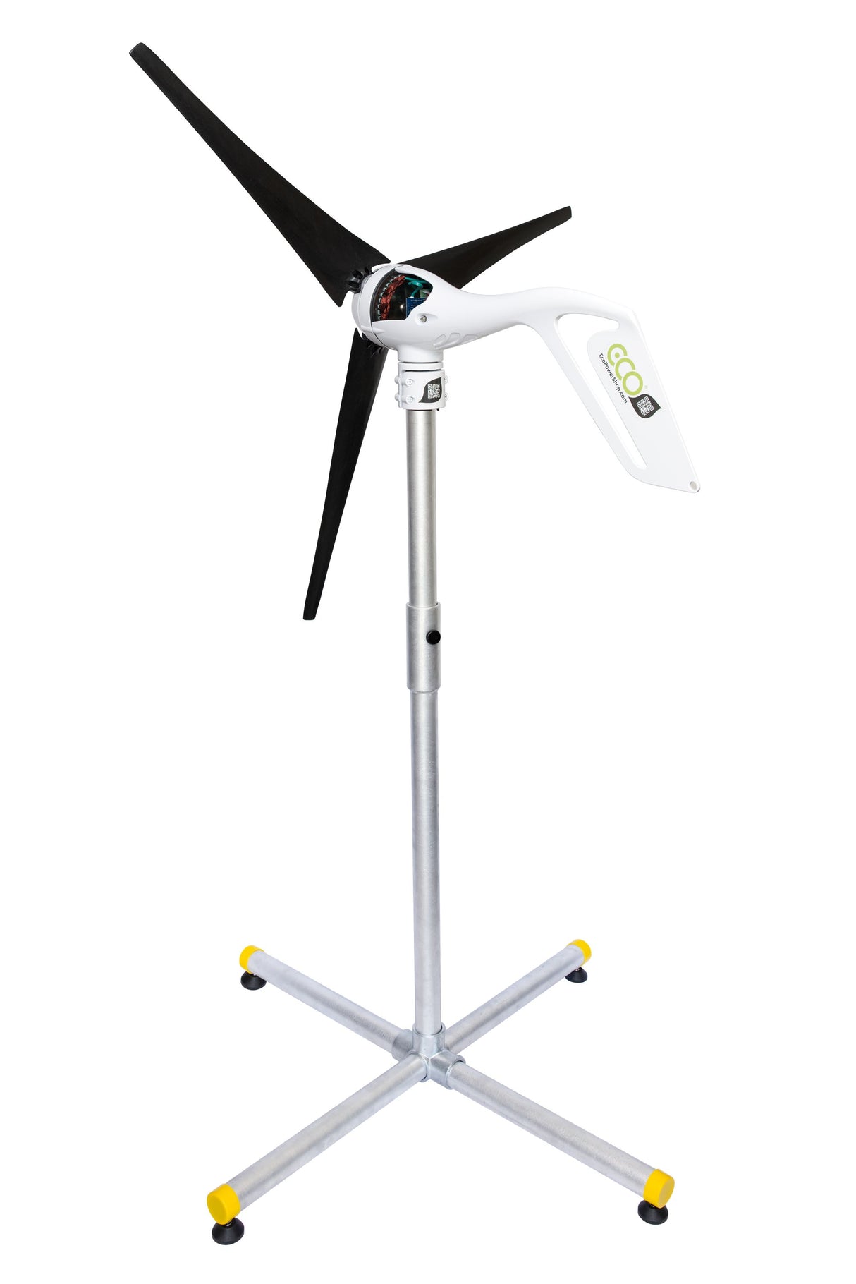 A portable wind turbine power station on a silver metal stand with a three-blade rotor and a white handheld charging handle, isolated on a white background.