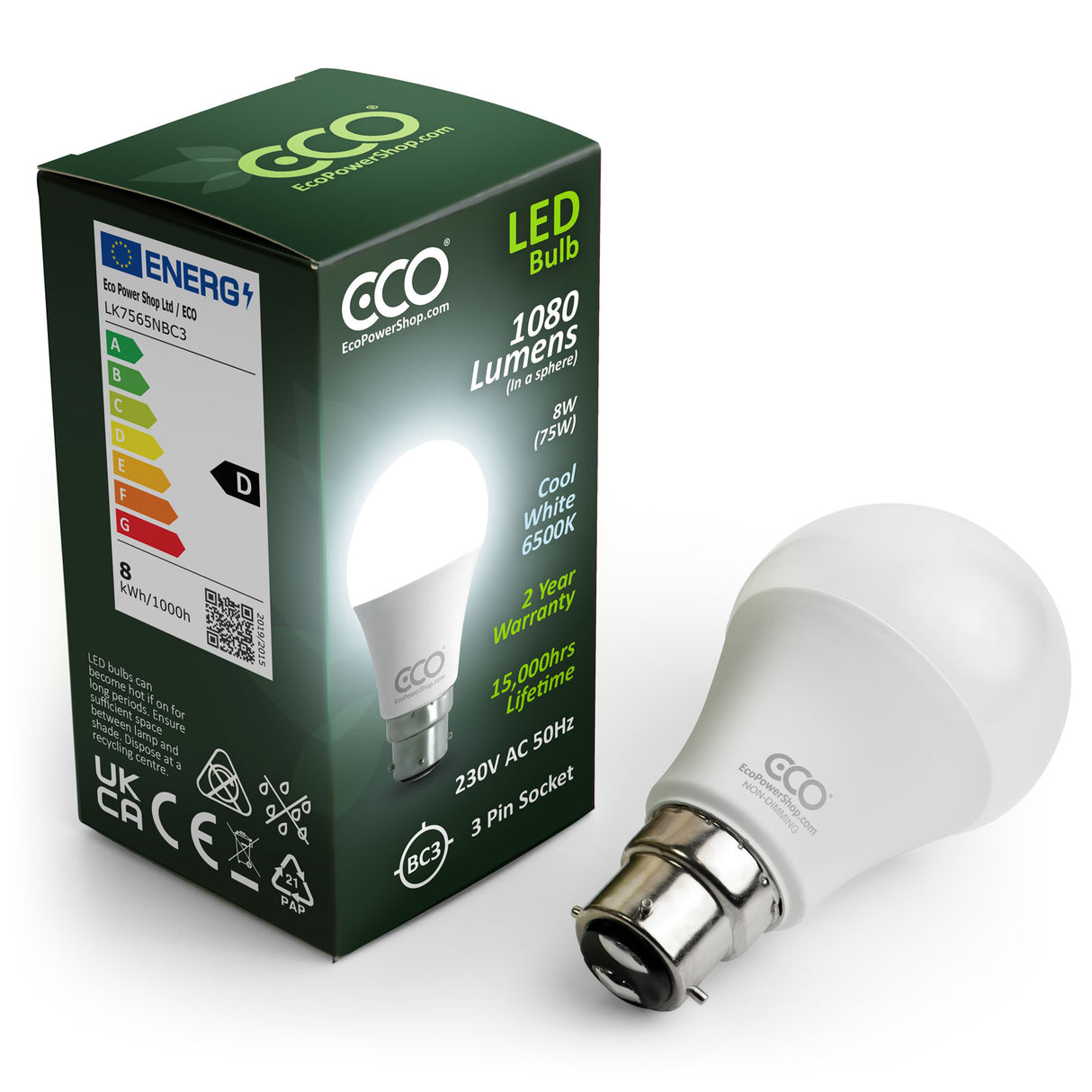 ECO 8W LED BC3 3 Pin Light Bulb 75W Eqv - Cool White
