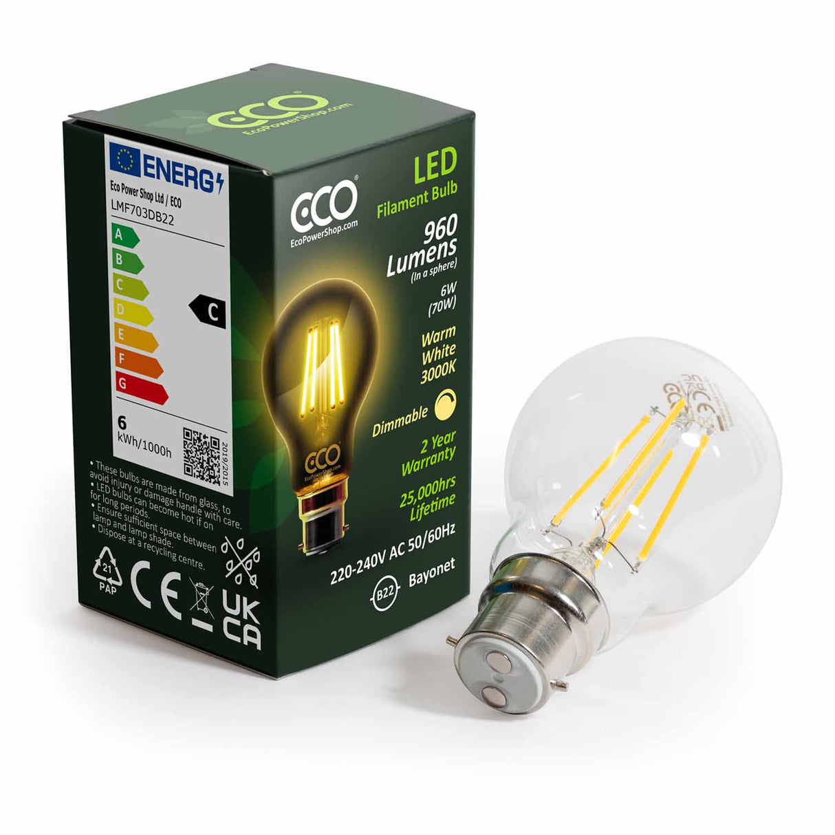 100-Pack ECO B22 Dimmable 70W Eqv LED Filament Bulb