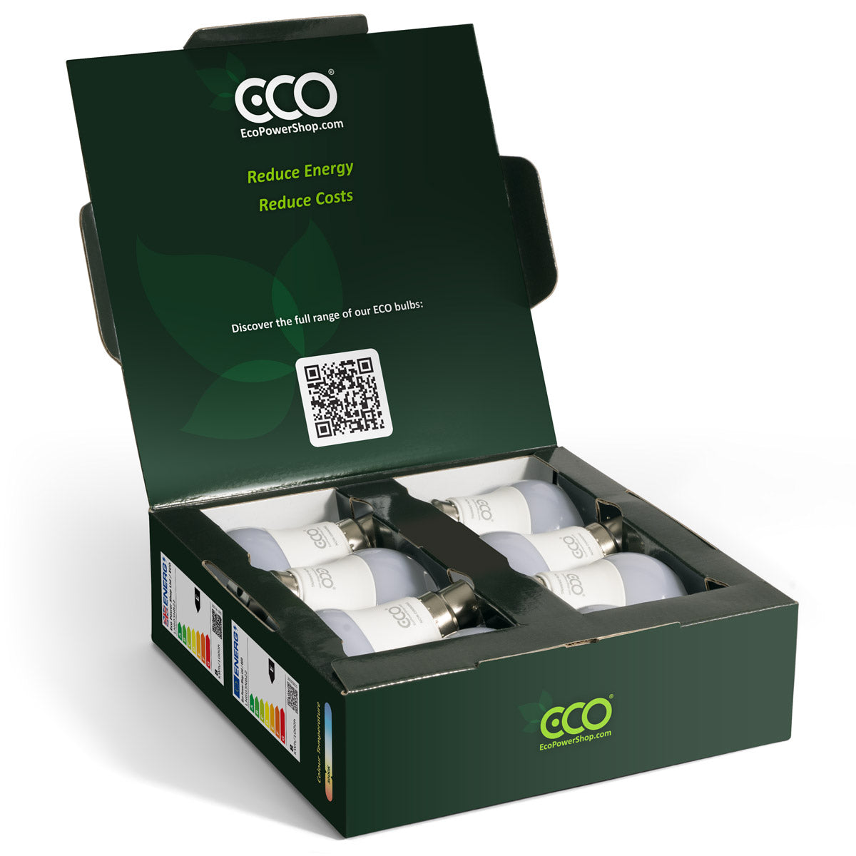 Open Box of 8 ECO Bulbs showing the Eco Power Shop logo