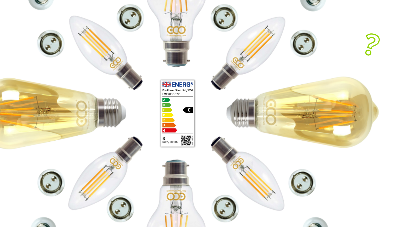 Collection of LED light bulbs with energy label on a white background